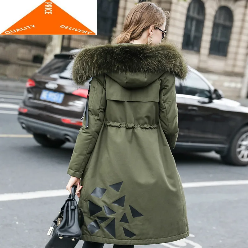 

20% Women Winter White Duck Down Jacket Parkas Long Jackets Large Natural Raccoon Fur Hooded Coat Female Outwear LWL9994