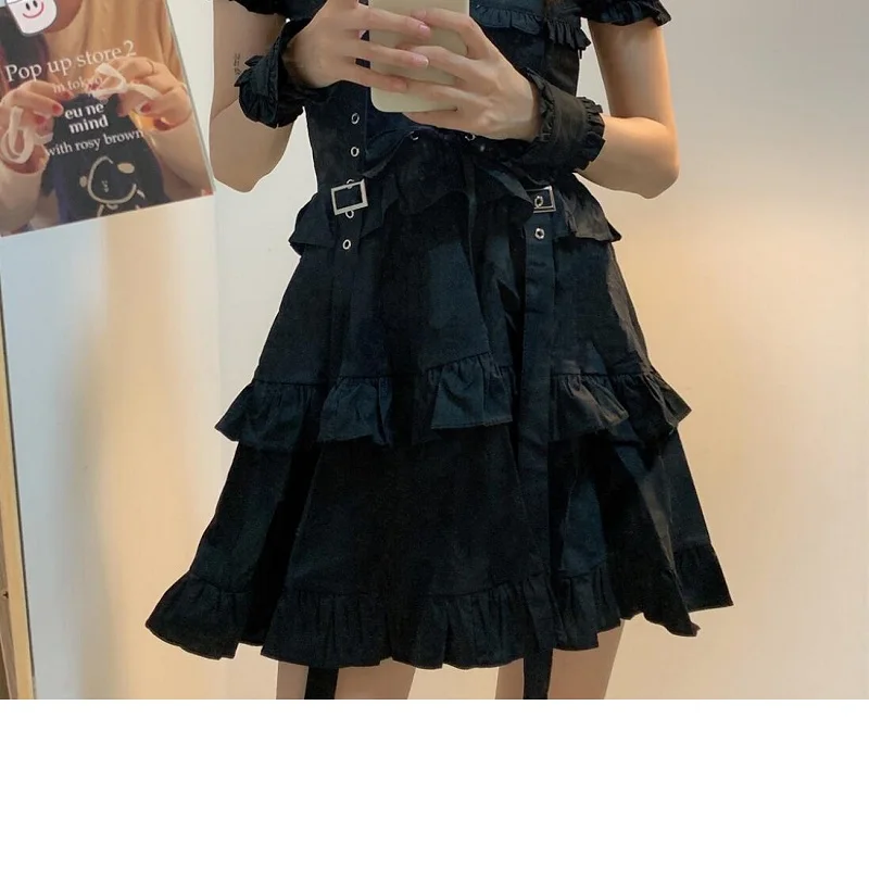 

Women Gothic Lolita Dress Goth Punk Gothic Harajuku Mall Goth Style Bandage Black Dress Puff Sleeve Dress