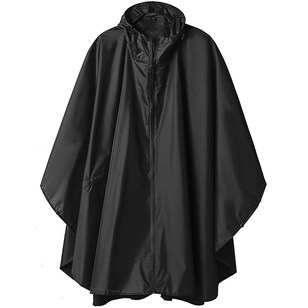 

Women's New Stylish Long Raincoat Poncho Zippered Hooded Waterproof Rain Jacket with Pockets