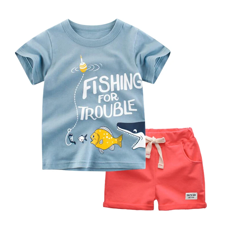 BINIDUCKLING Summer Toddler Boy Clothes Set Cartoon Cotton Blue Short Sleeve T-shirt+Shorts 2PCS For Kid Children Clothing Sets |