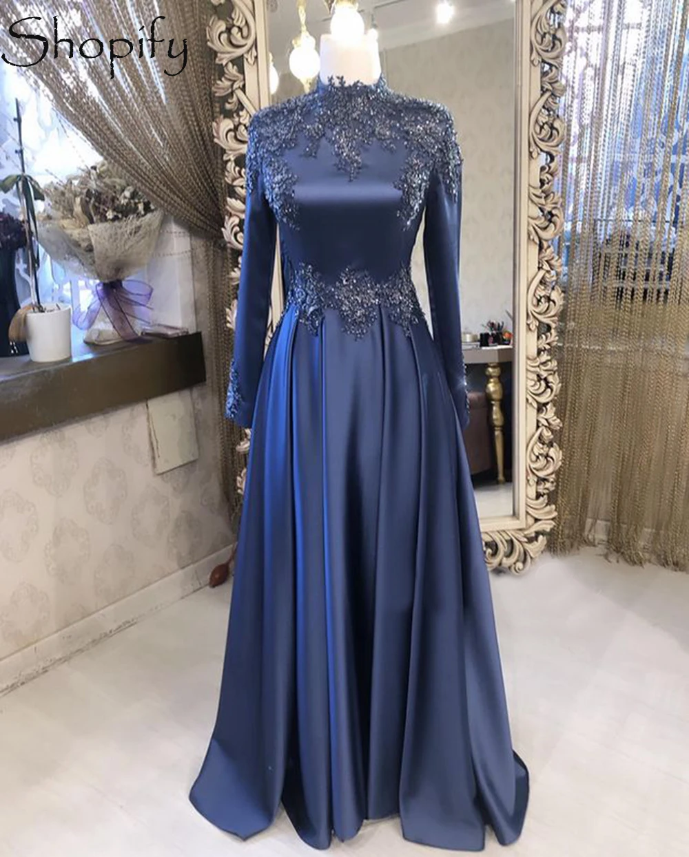 

Real Sample Long Sleeve High Neck Luxury Beaded Embroidery Navy Blue Satin Muslim Dubai Women Long Evening Dress 2022