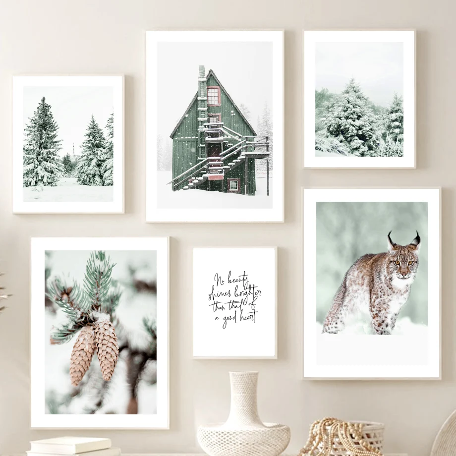 

Cedar Pine Cone Forest Deer Lynx Snow House Art Canvas Painting Nordic Posters And Prints Wall Pictures For Living Room Decor