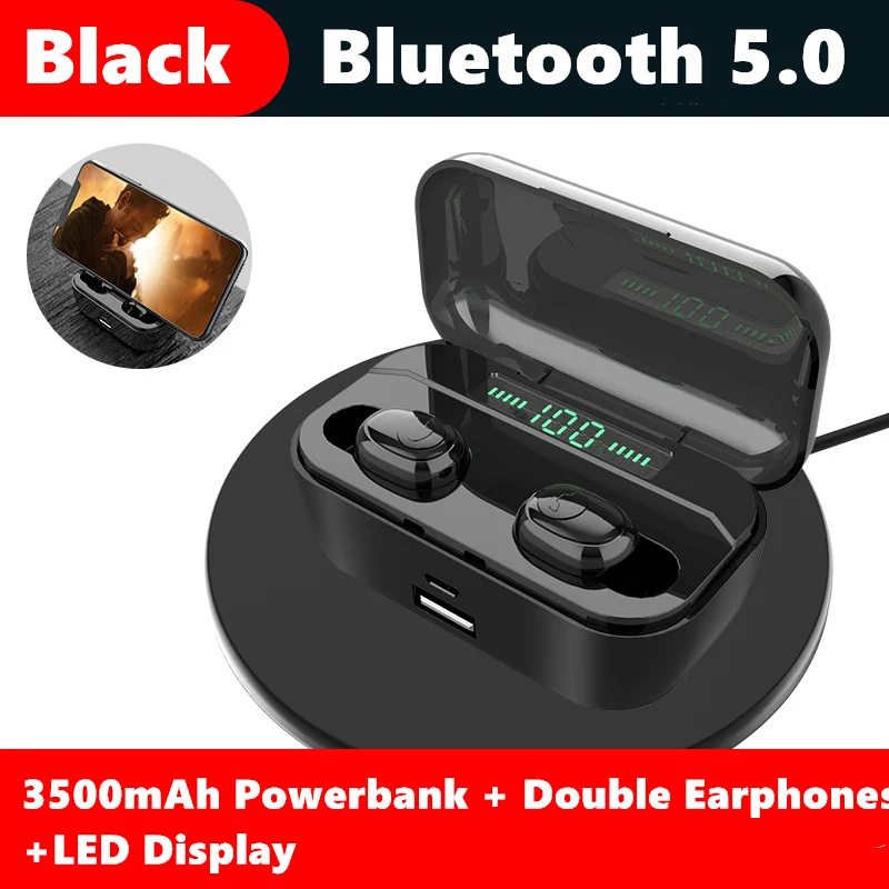Black Double LED 3500 мАч Bluetooth 5,0 наушники 8D HIFI TWS Bluetooth наушники CVC8.0 шумоподавление беспроводные Bluetooth наушники - Цвет: Black Double LED