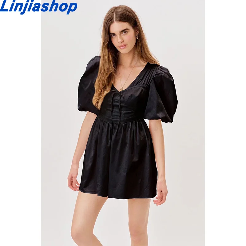 

Платье-мини женское с воротником-стойкой, нежное повседневное приталенное с открытыми плечами, с пышными рукавами и завышенной талией, белы...