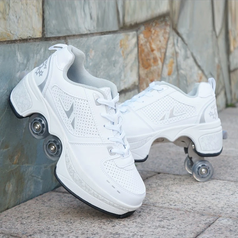white Hot Shoes Casual Sneakers Walk+Skates Deform Wheel Skates for Adult Men Women Unisex Couple Childred Runaway Skates Four-wheeled - Цвет: white