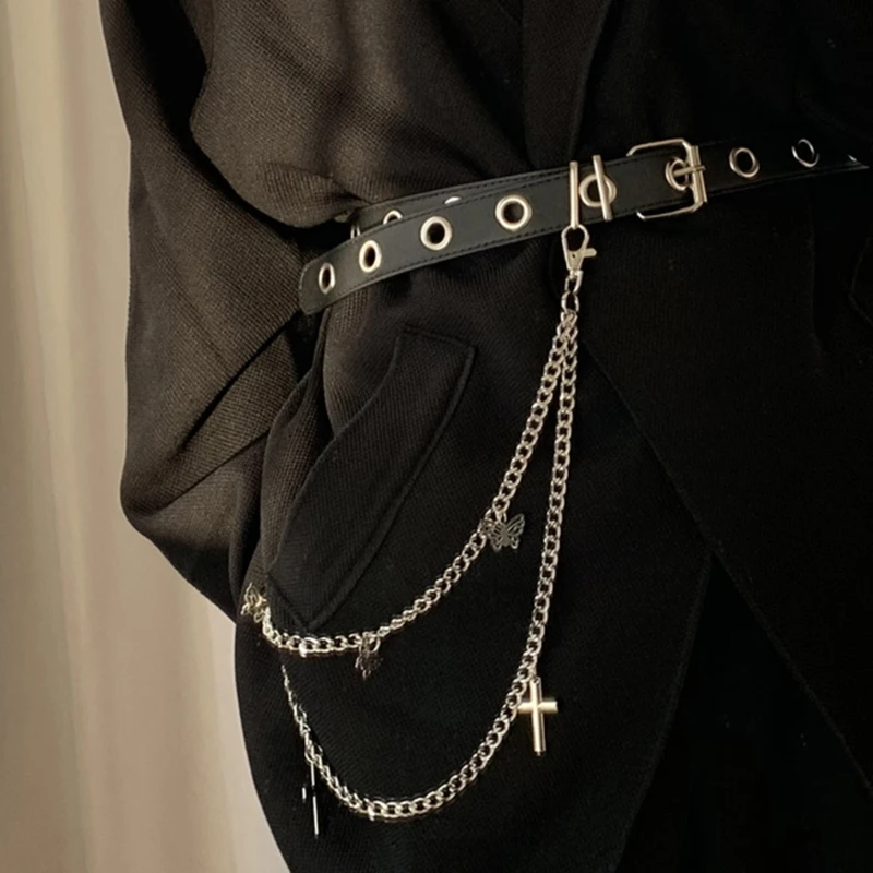 

Gothic Punk Women Pants Jeans Waist Chain with Metal Cross Butterfly Pendant Harajuku Hip Hop Trousers Belt Jewelry