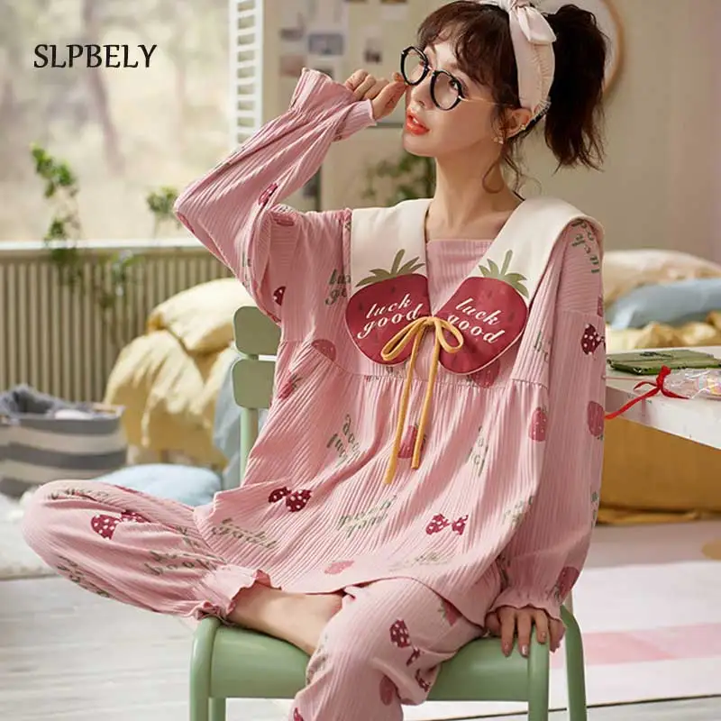 

SLPBELY Women Pajamas Sets Sweet Strawberry Peter Pan Collar Long Sleeve Cartoon Cardigan Pyjamas Sleepwear Homewear Nightwear