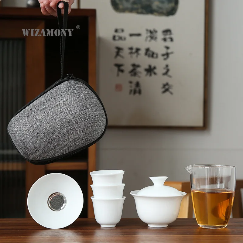Dehua-juego de té Kung Fu de viaje de porcelana blanca, bolsa de transporte, tazón de cuatro hervidores de vidrio, juego de té de regalo, colador gaiwan de vidrio