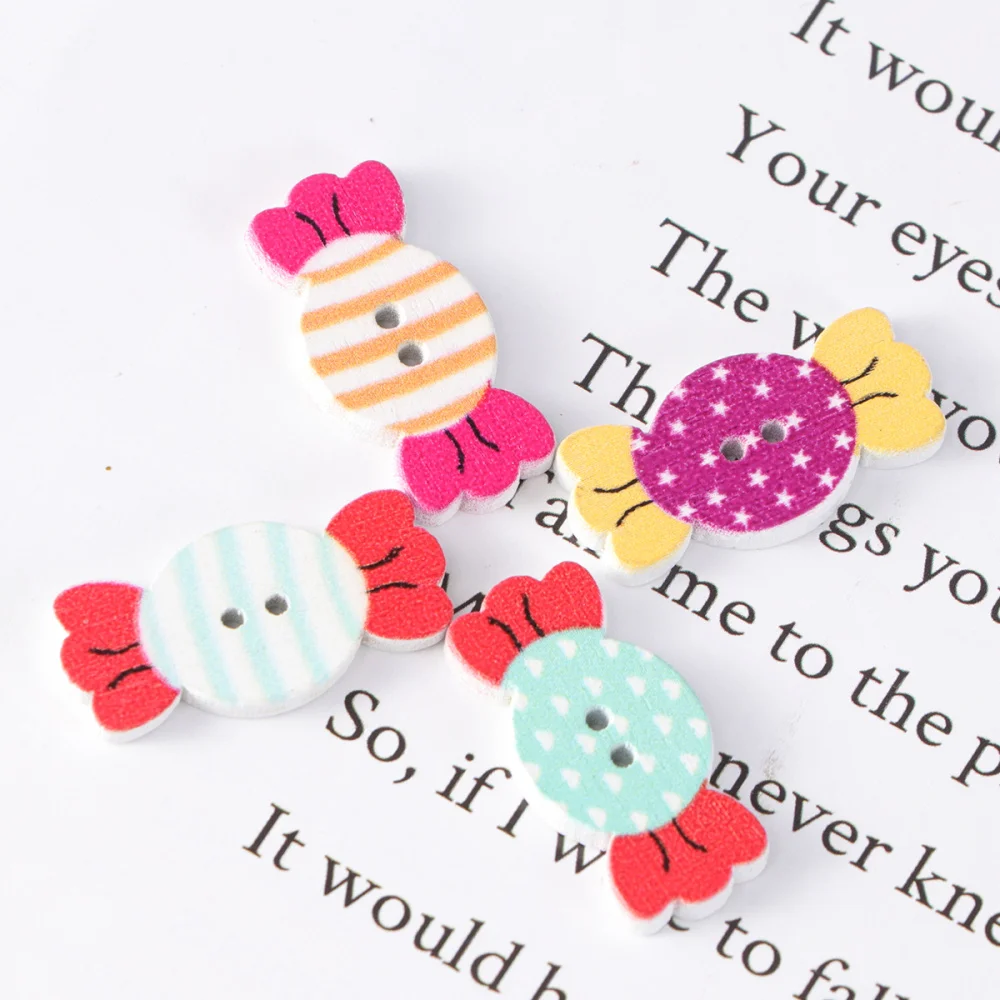 

50Pcs DIY Wooden Buttons Creative Colored Drawing Candy Pattern Buttons Two Holes Buttons for Sewing Scrapbooking Hand-painted