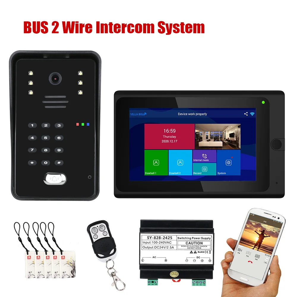 

7 Inch Wireless Wifi1/2 Monitor BUS 2 Wire RFID Video Door Phone Intercom systems Support Remote APP home Access Control System