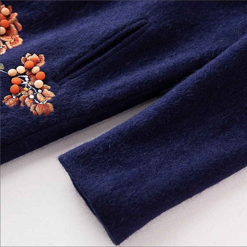 

Winter New Brand Wool Long Jackets Women Luxurious Embroidery Single Breasted Long Sleeve Warm Woolen Outerwear Jacket 3XL