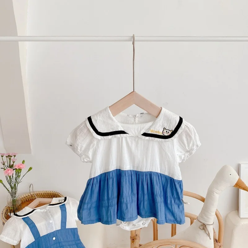 

Summer New baby boys patchwork short sleeve jumpsuits girls cotton loose rompers Brother and sister Clothes