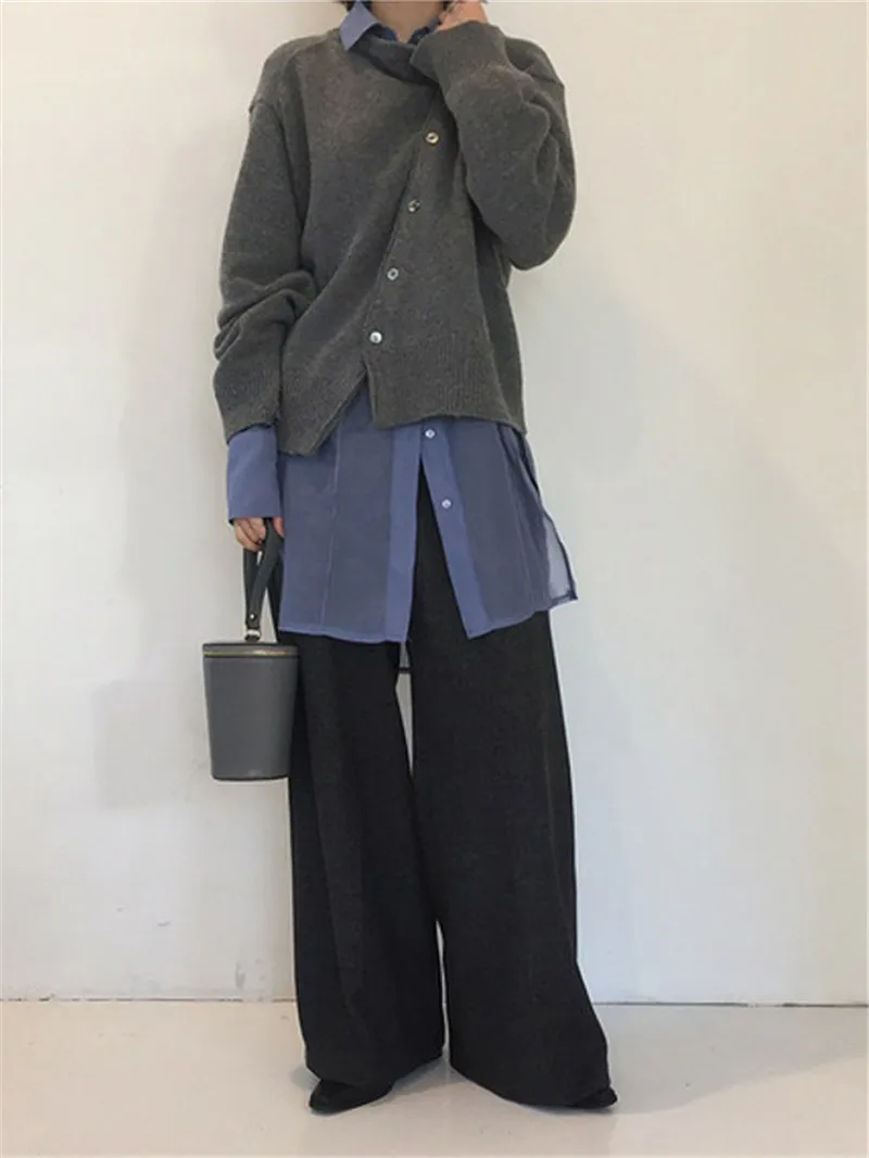 Модный свитер неравномерной длины косая Пряжка однотонный из полиэстра волокна