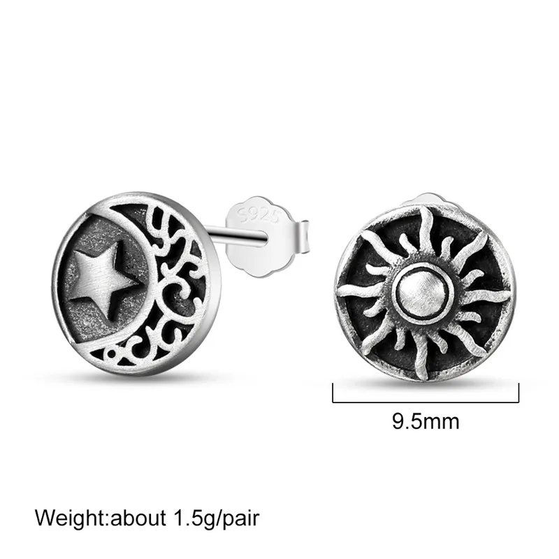 

S925 Thai Silver Studs Earrings Occult Moon and Sun Earrings Women Creative Asymmetry Ear Jewelry