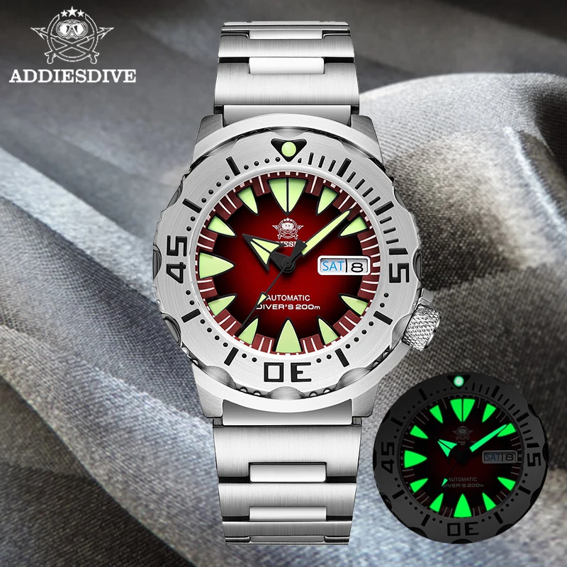 

Addies dive Monster New Arrival Mechanical Watch Automatic Self-Wind NH36A Movement Date Weekly Red Dial C3 Luminous Men's Watch