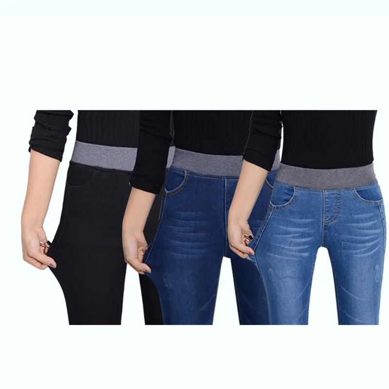 Эластичные Обтягивающие джинсы для женщин 2019 зимние теплые джинсовые штаны