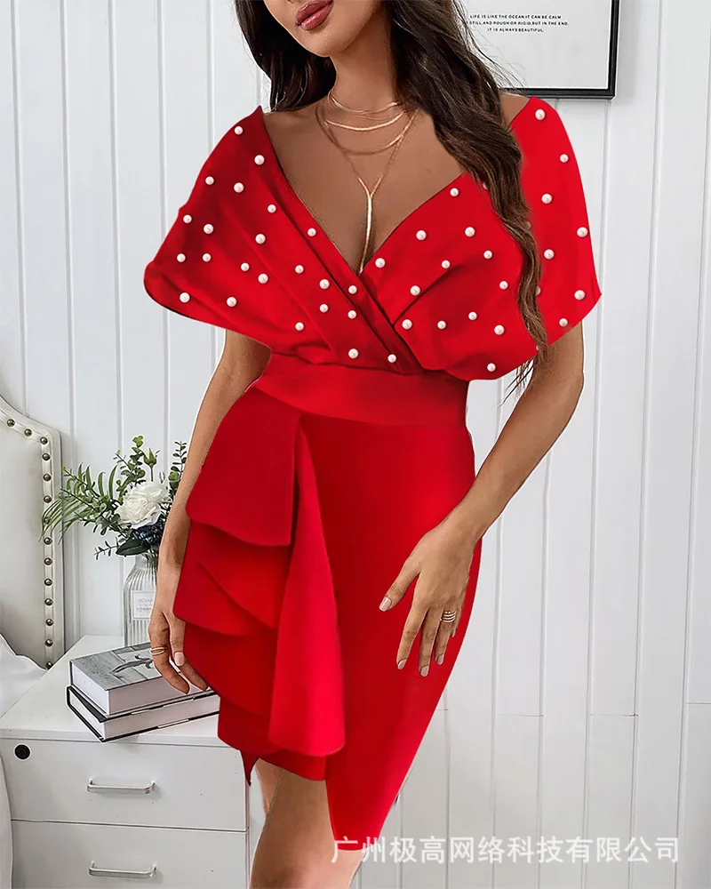 

Donsignet Women Dress 2021 New Summer Red Deep V Waist Ruffled Dress Fashion Sexy V-Neck Mini Dresses Women Vestido Feminino