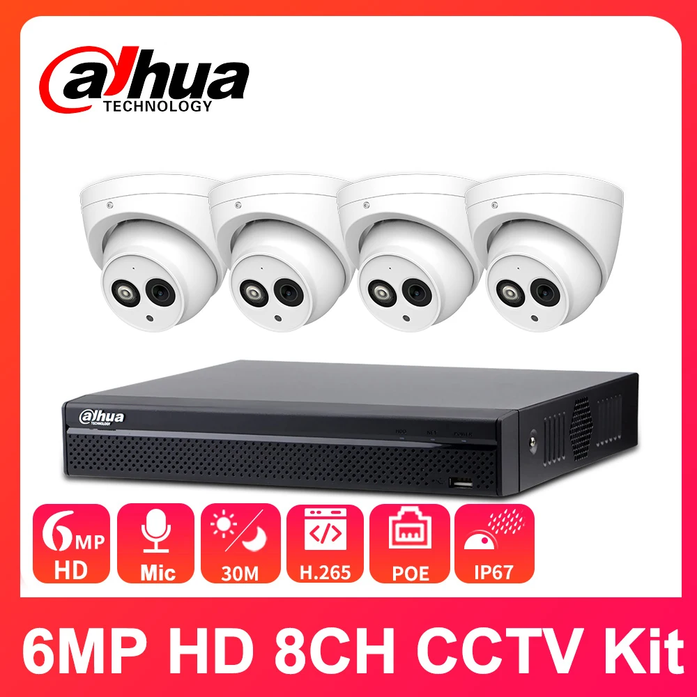 

Dahua CCTV kit 4K NVR 8CH POE NVR2108-8P-4KS2 6MP HD IPC-HDW4631C-A Microphone APP Dahua CCTV System CCTV Set remote view