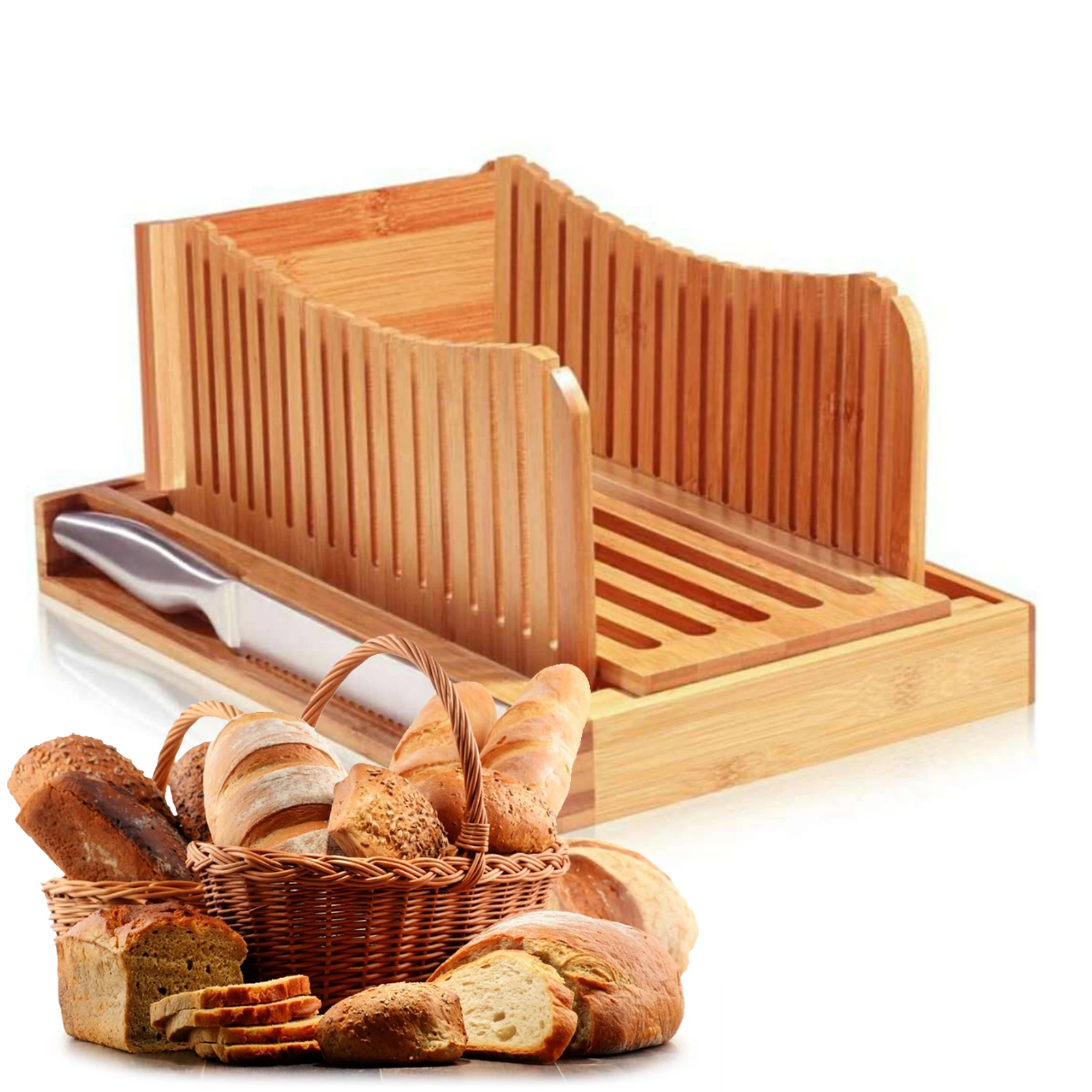 

Слайсер для французского хлеба из натурального бамбука с подносом для крошки, складные мешки, направляющая для резки, ручная работа, Детски...