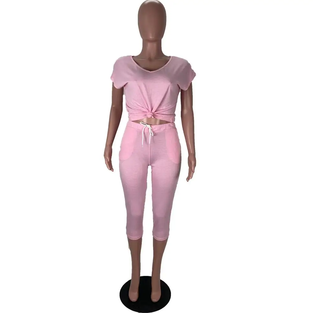 

Solid Color Women V Neck Tops With knee Pants Summer Two Piece Set