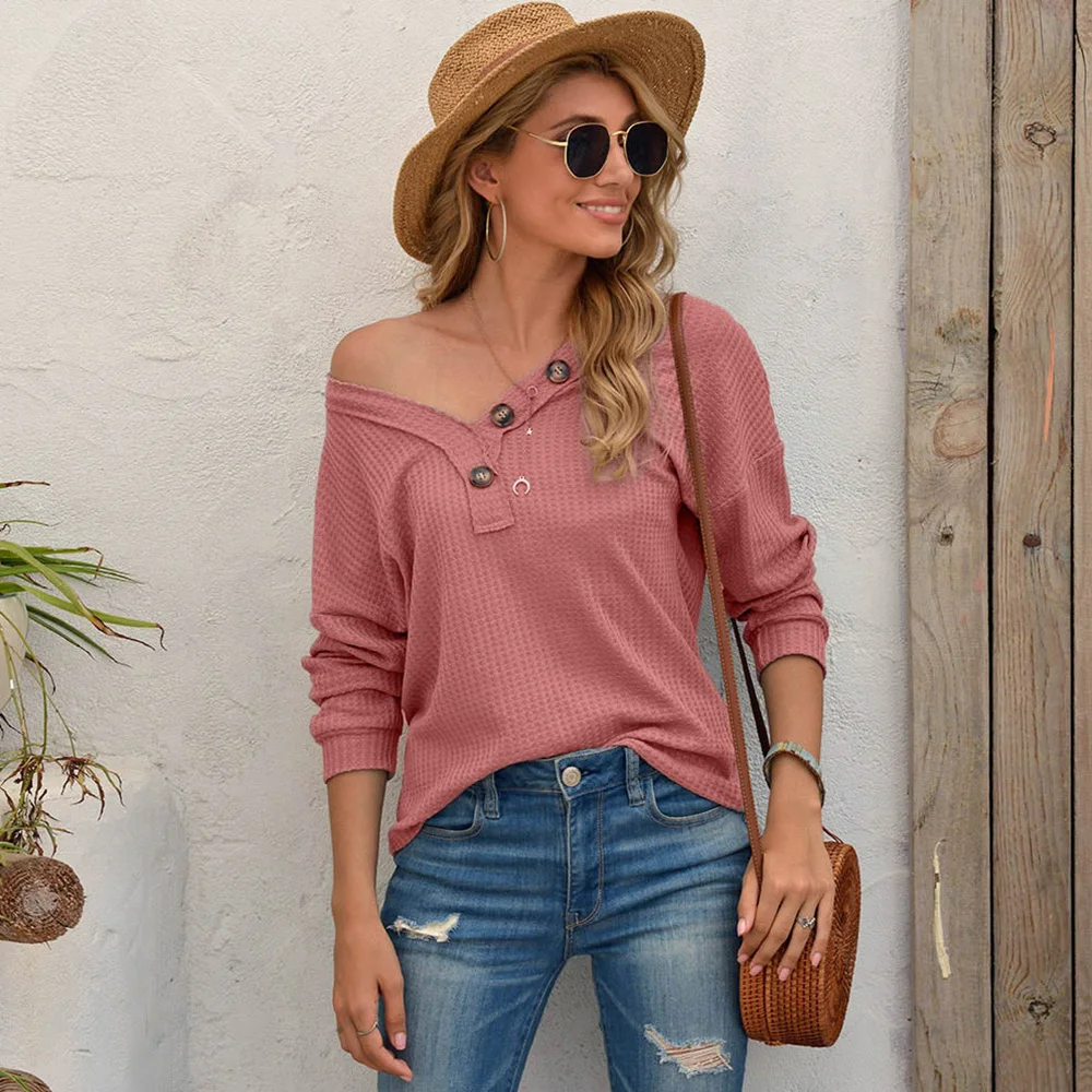 

Autumn Women Sweater Waffle Knit Tops Hollow out V-Neck Batwing Long Sleeve Buttons Loose Pullover Casual Sweaters