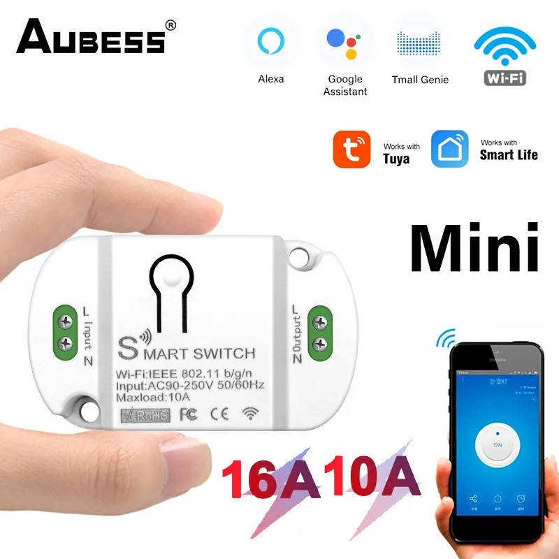 

Смарт-выключатель Aubess Tuya с Wi-Fi, таймером и контроллером, беспроводной, 10/16 А, с поддержкой Tuya, Alexa, Google Home, IFTTT