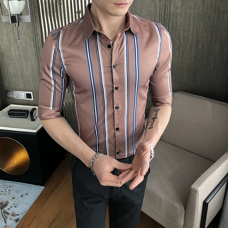

Brand Striped Shirts Men Summer Short Sleeve Slim Fit Streetwear Shirts Male Business Formal Dress Shirts Social Nightclub Tops