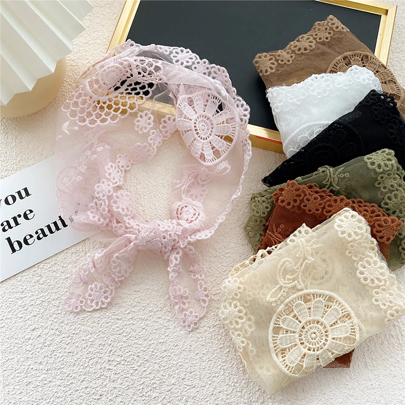 

Large Pink Square Flower Lace Triangle Silk Scarf For Women Bright-coloured Hankie Muffler Wrap Foulard Transparent Accessory