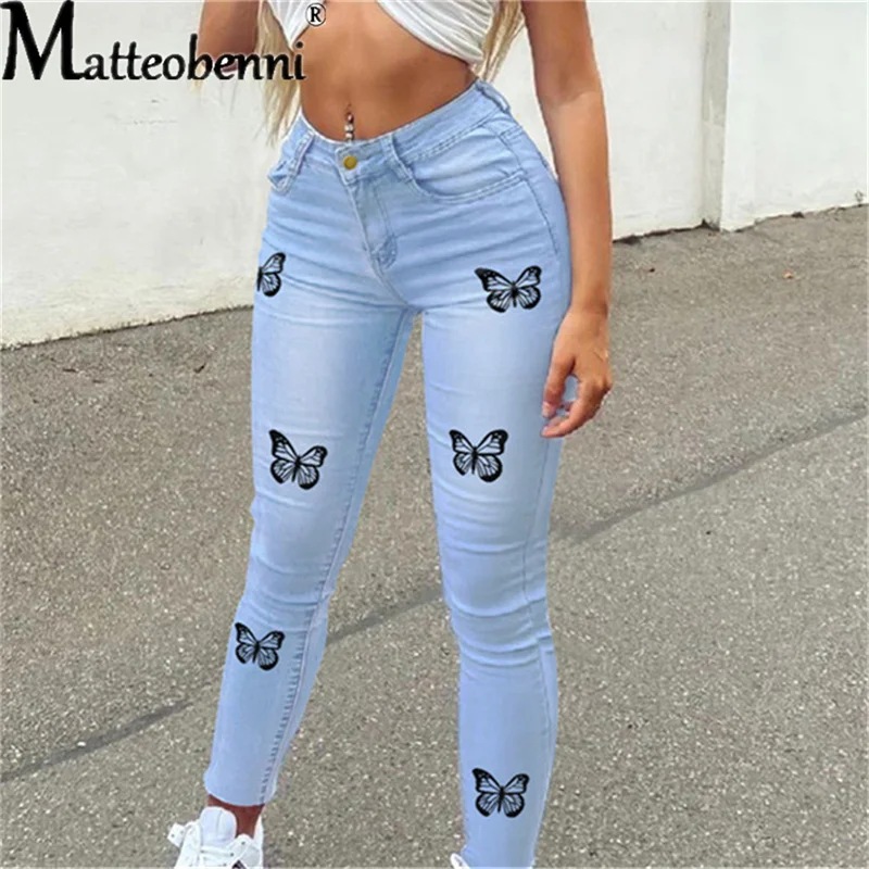 Джинсы женские Стрейчевые с бабочками узкие брюки из денима завышенной талией