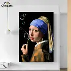 С жемчужными серьгами девушка выдувает пузыри все искусство холст картины и креативные постеры принты скандинавский для гостиной домашний декор