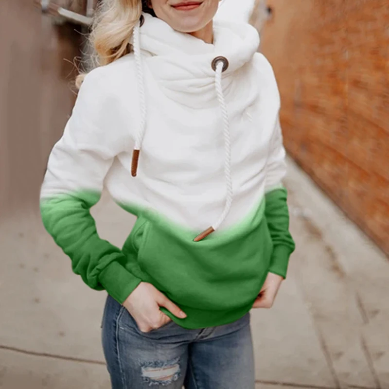 

Turtleneck Women Hoodies Fashion Grident Color Hooded Sweatshirts Casual Long Sleeve Pockets Female Hoodies Pullover