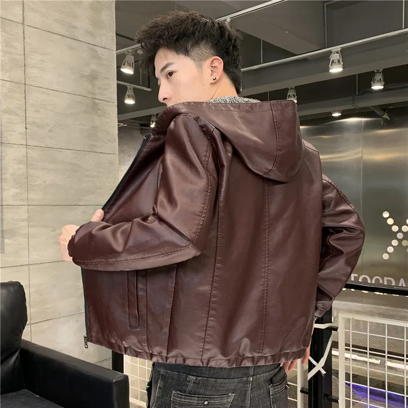 

Loose Biker Jacket Mens PU Leather Hooded Casual Zippers O-Neck Pocket Waterproof Plus Cashmere Winter Streetwear Warm Outerwear