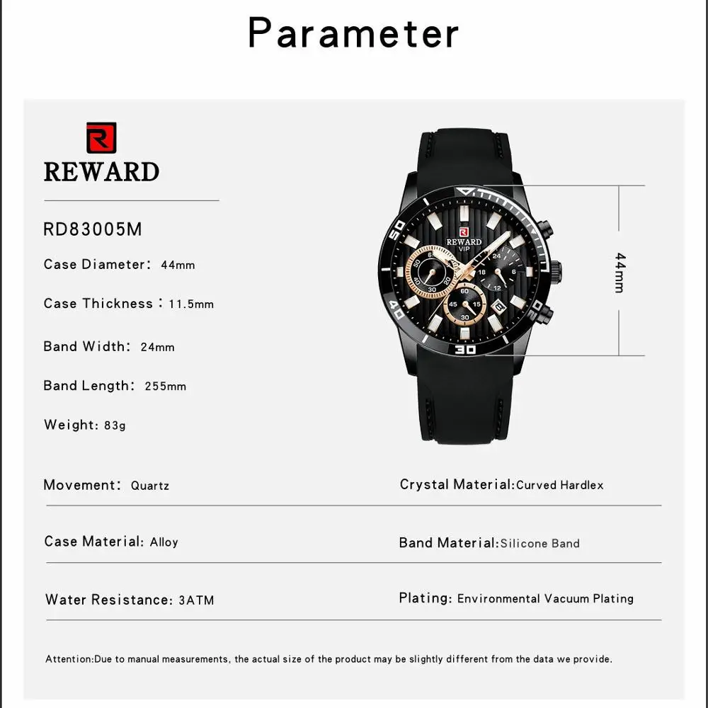 

REWARD 2020 Sport Black Men Watches Quartz Movement 3 Sub Dial Date Display Luminous Hands Silicone Band Relojes Para Hombre