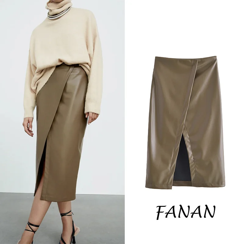 

Женская кожаная юбка FANAN ZA, однотонная Повседневная облегающая юбка средней длины с разрезом и высокой талией, на осень, 2021