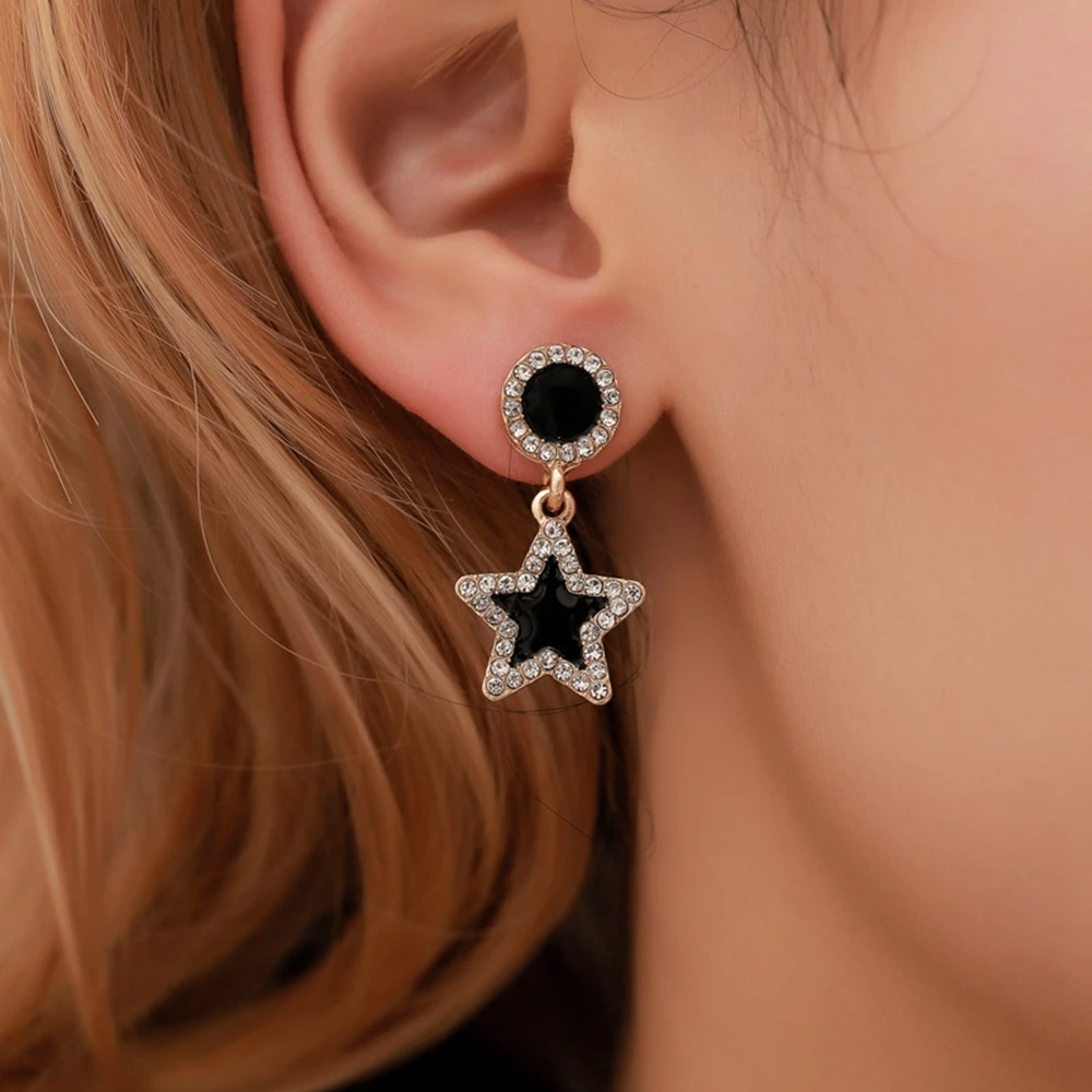

Temperament Star Round Black Crystal Pendant Drop Earrings Simple Geometric Stud Ear Jewelry Lady