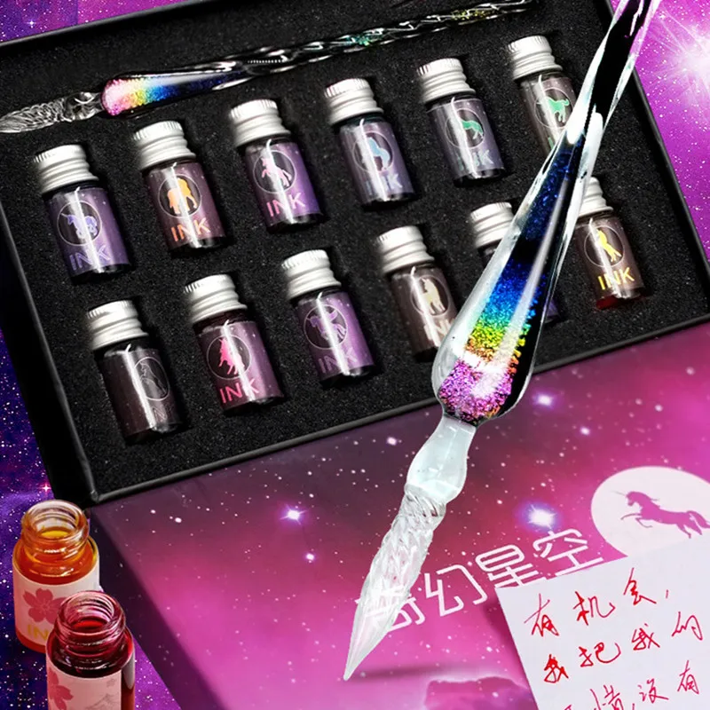 Ручка плюс 12 бутылок цветных чернил Канцелярский набор Стеклянная канцелярия