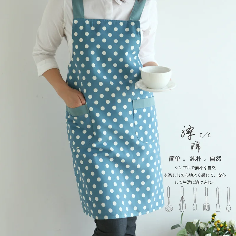 Women Girls Cotton Work Cloth Adult Kitchen Cooking Cleaning Apron 2 Pockets Cute Striped Wave Point Uniforms Delantal Tablier