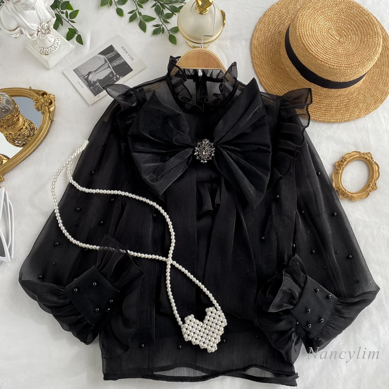 

Temperament Bow Shirt Women's Slim Fit Ruffled Collar Retro Beaded Long Sleeve Blouse 2021 Spring Female Clothing Tops