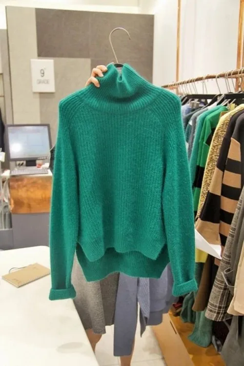 

High Collar Sweater Women Jumpers Korean 2020 Autumn Winter Pullovers Irregular Hem Split Solid Sweaters Casual Bottom Clothing