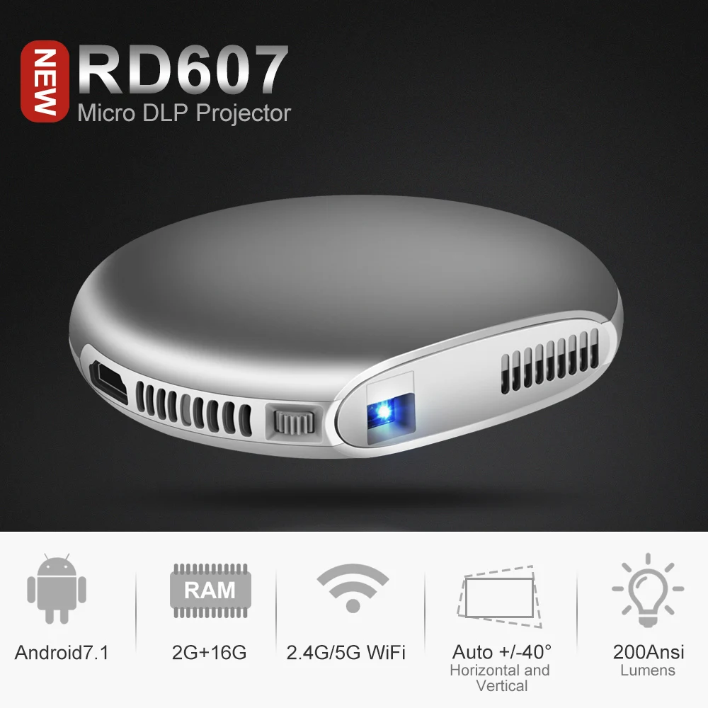 Мини проектор Rigal RD607 DLP 200 Ansi Lumen Android 7 1 WiFi Карманный видеопроектор Pico с поддержкой