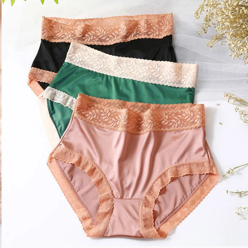 

Plus Size Women Lace Panties with High Waist Sexy Lace Thin Briefs Silky Ice Silk Satin Panties of Large Sizes Female Underwear
