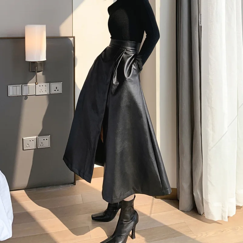 

Office Lady High-Waisted Leather Skirt Women Spliced Mid-Long Wrapped Skirt Female Zipper-Up Solid Autumn Skirts