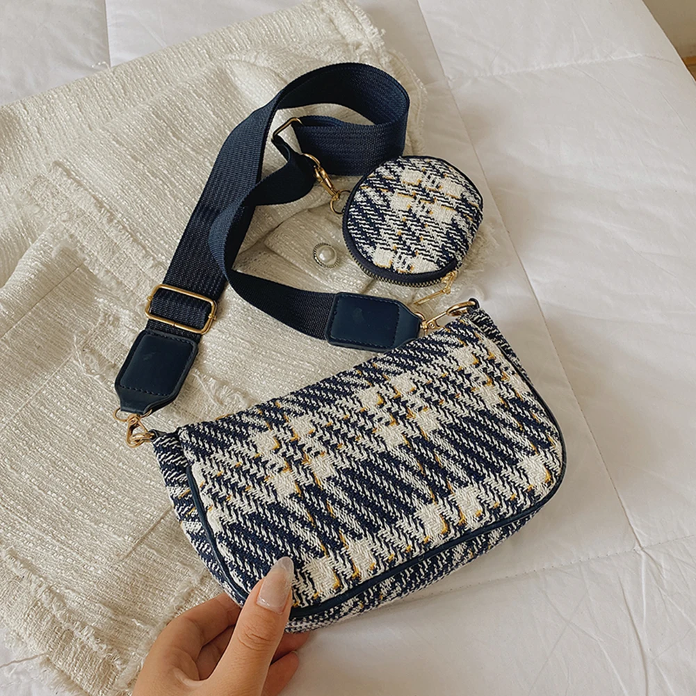 

Women Fashion PU Leather Crossbody Handbags Casual Knit Plaid Pattern Shoulder Messenger Bags for Female with Small Round Purse