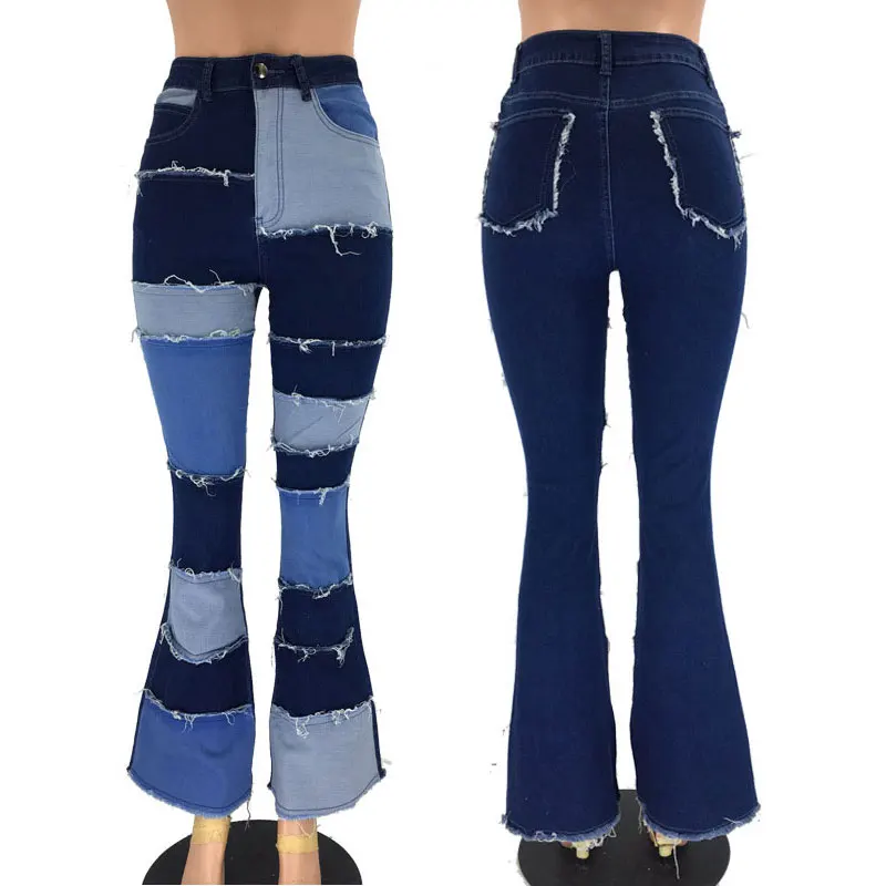 Женские расклешенные джинсы с заплатками винтажные модные брюки из денима
