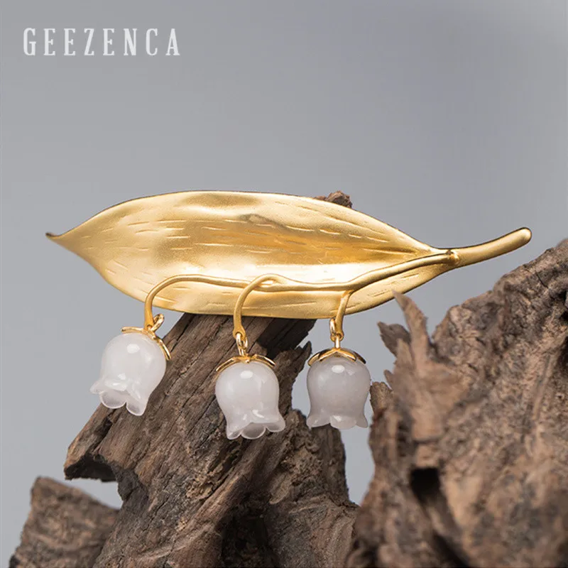 Женская брошь ручной работы из серебра 925 пробы с золотым листом и белым нефритом