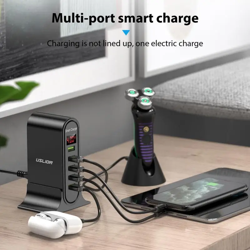 5 Port USB Charger HUB LED Display Multi USB Charging Station Dock Universal Mobile Phone Desktop Wall Home EU / UK Plug Charger