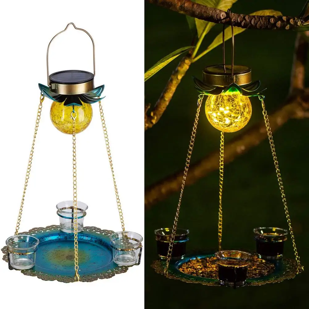 

Waterproof Solar Hanging Bird Feeder Tray Garden Metal Art Tray With 3 Cups Solar-Powered Bird Feeder Garden Decoration