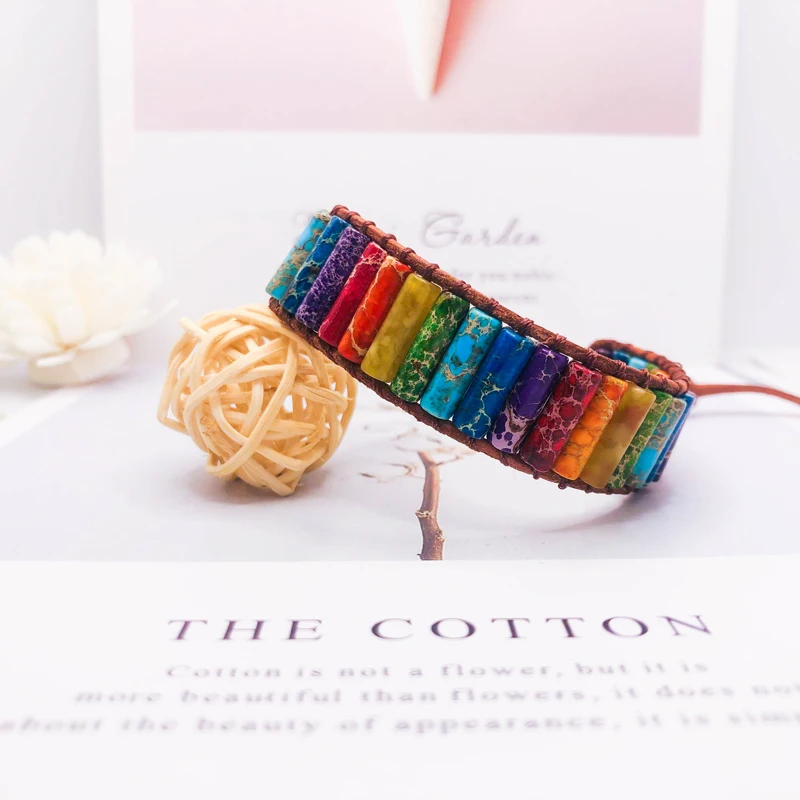 

Couples Bracelets Gifts Chakra Bracelet Jewelry Handmade Multi Color Natural Stone Tube Beads Leather Wrap Bracelet