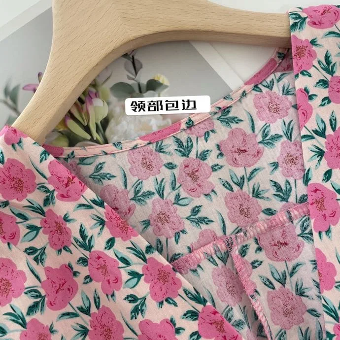

Fashion Women 2021 Summer Floral Print Dress Short Sleeve Female Casual V-Neck Loose Elegant Korean Mid Dress Sashes DS333