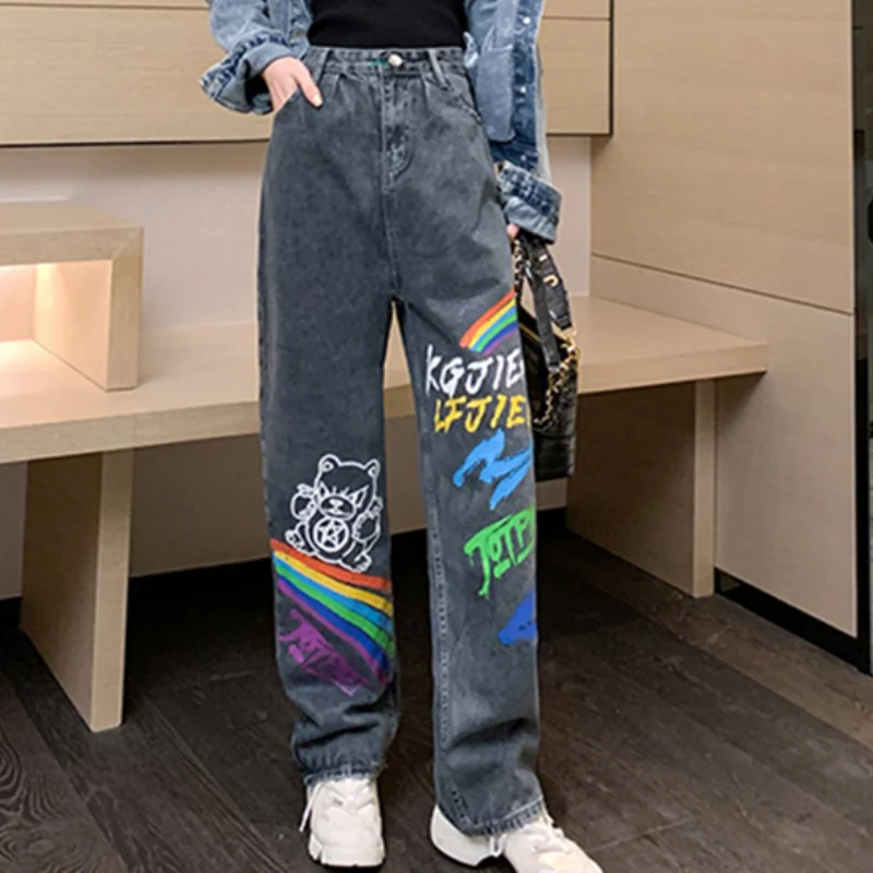 

Women Denim Jeans Streetwear Graffiti Print Pants 2021 New Summer Autumn Casual Jeans Woman Long Trousers Cowboy Female Loose